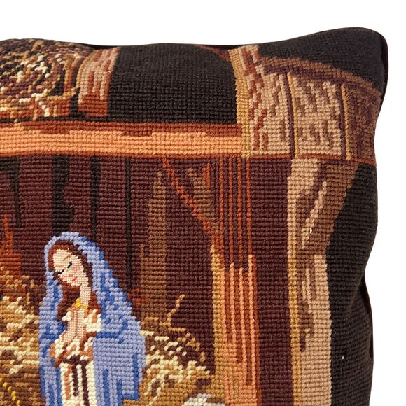 Vintage Needlepoint Christmas Throw Pillow Manager Scene Mary Joseph Jesus Lamb - Picture 3 of 8